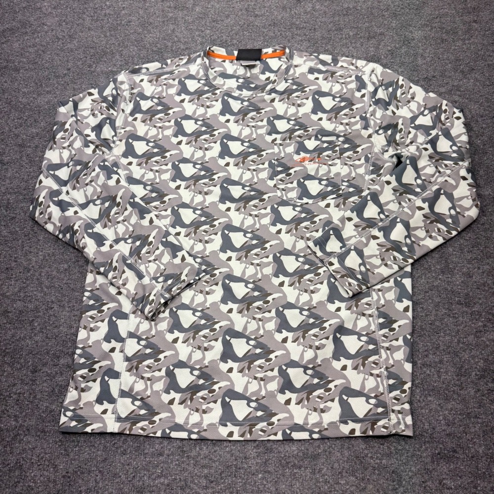 Grundens Mens Long Sleeve Camo Fishing Shirt Gray White Large Performance Tee